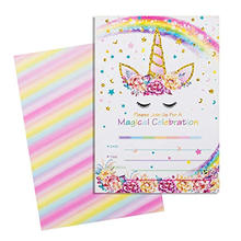 24 Pieces Kit Rainbow Unicorn Happy Birthday Party Invitation Card, Magical Gold Glitter Unicorn Thank You Card